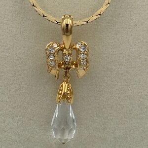 Vintage Avon Rhinestone Bow Crystal‎ Briolette Drop Necklace Gold Tone RARE